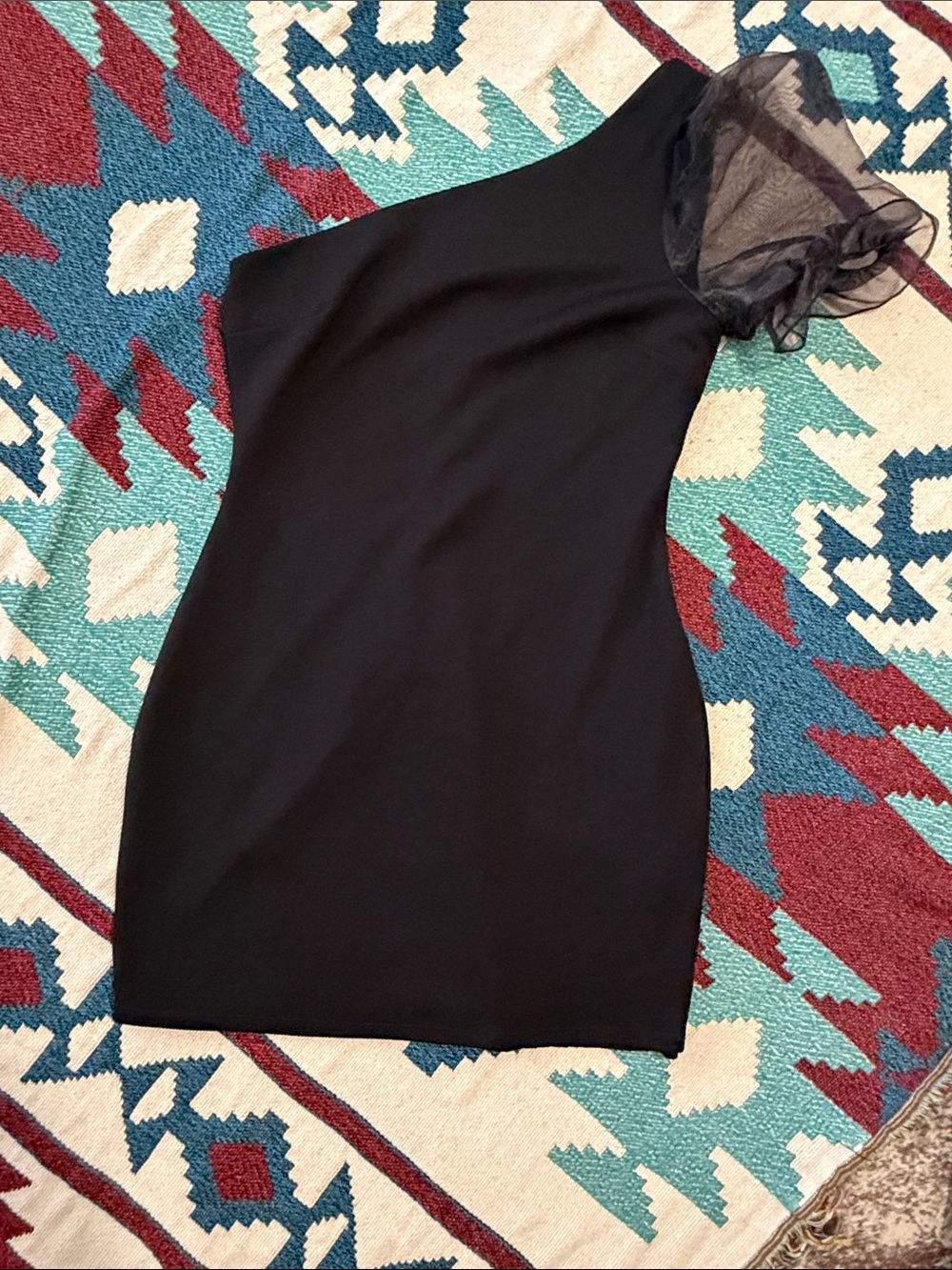 Blue Blush One-Shoulder Black Dress with Sheer Puff Sleeve